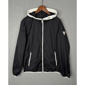Guess Black‎ Hooded Windbreaker Jacket Raincoat White Zippers Mens Size Medium